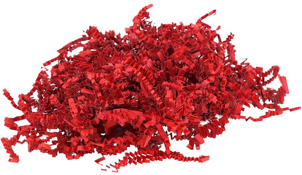 Red crinkle paper shreds for eco-friendly packaging filler by Greenii Inc.