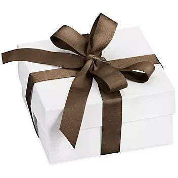 Grosgrain Ribbons — Wholesale Bulk Gift Packaging Ribbon for Retail, Crafts & Events in rich brown tied on white gift box