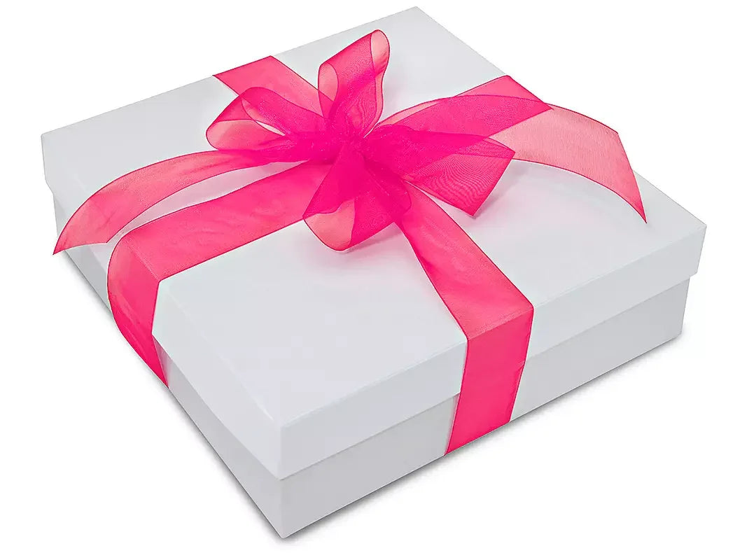 Plain Organza Ribbons — Sheer Gift Packaging Ribbon Wholesale for Crafts, Florists & Events in bright pink tied on white gift box with bow