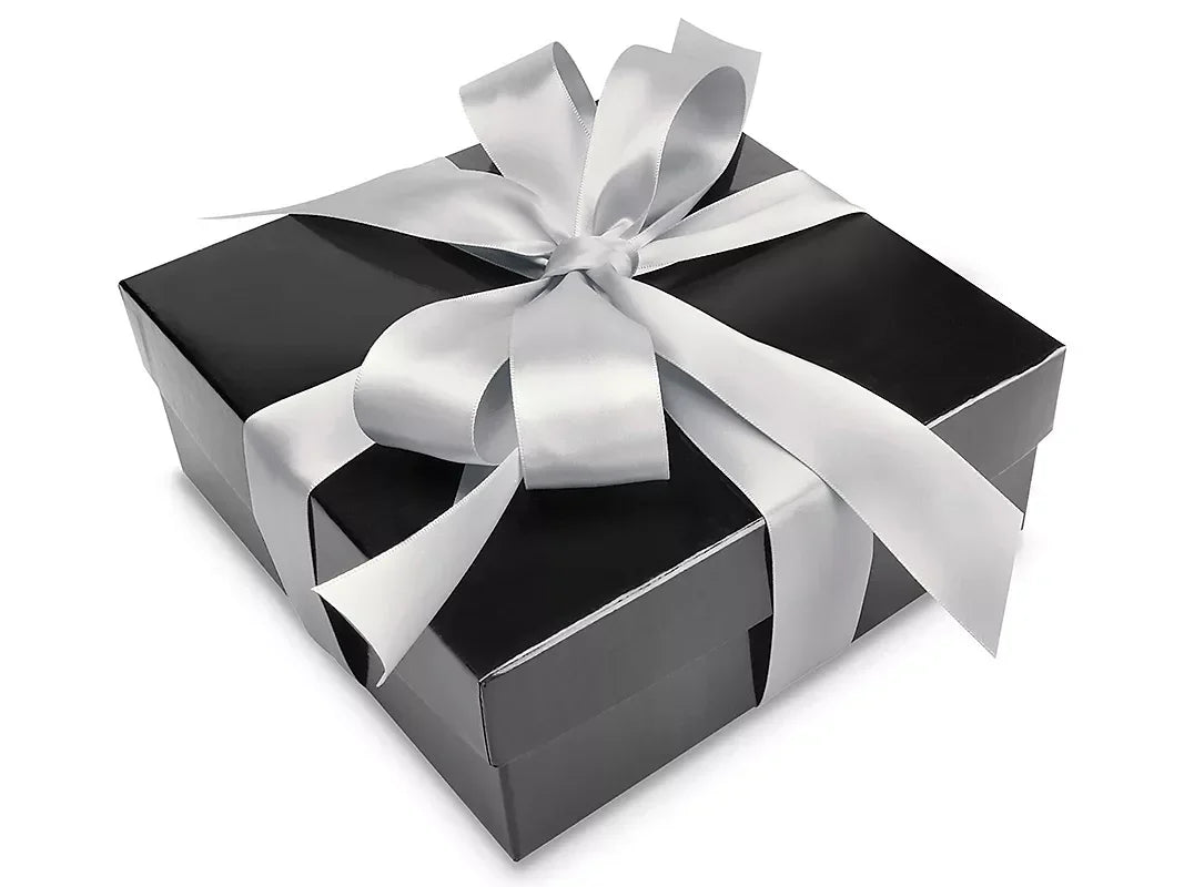 Satin Ribbons — Wholesale Bulk Gift Packaging Ribbon for Retail, Crafts & Events in elegant white tied on sleek black gift box with bow