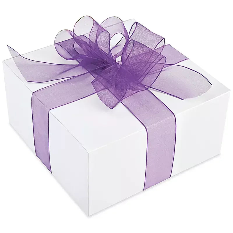 Wired Organza Ribbons — Sheer Gift Packaging Ribbon with Wire Edges | Wholesale for Florists, Crafts & Events in translucent purple on white box with bow