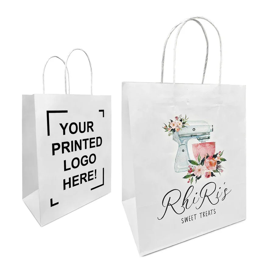 Logo printing for 16 * 6 * 12 White Paper Bags shown with custom designs and twisted paper handles on white background