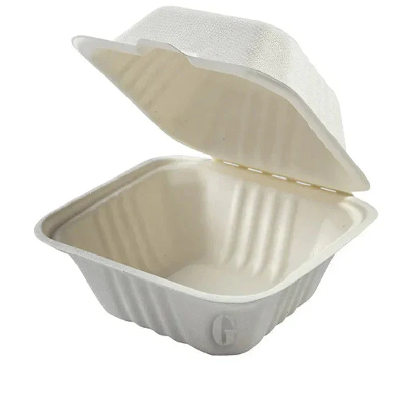 Sugarcane Bagasse Container, 6x6x3 Inches, (Regular), #500 pcs, White eco-friendly takeout food container open view