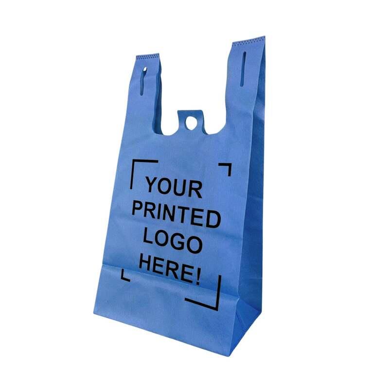 200pcs Non-Woven Reusable Shopping Bags – 12x7x22x7 Inches, Flat Bottom, 1-Color Print, Made in Canada blue bag with space for custom logo