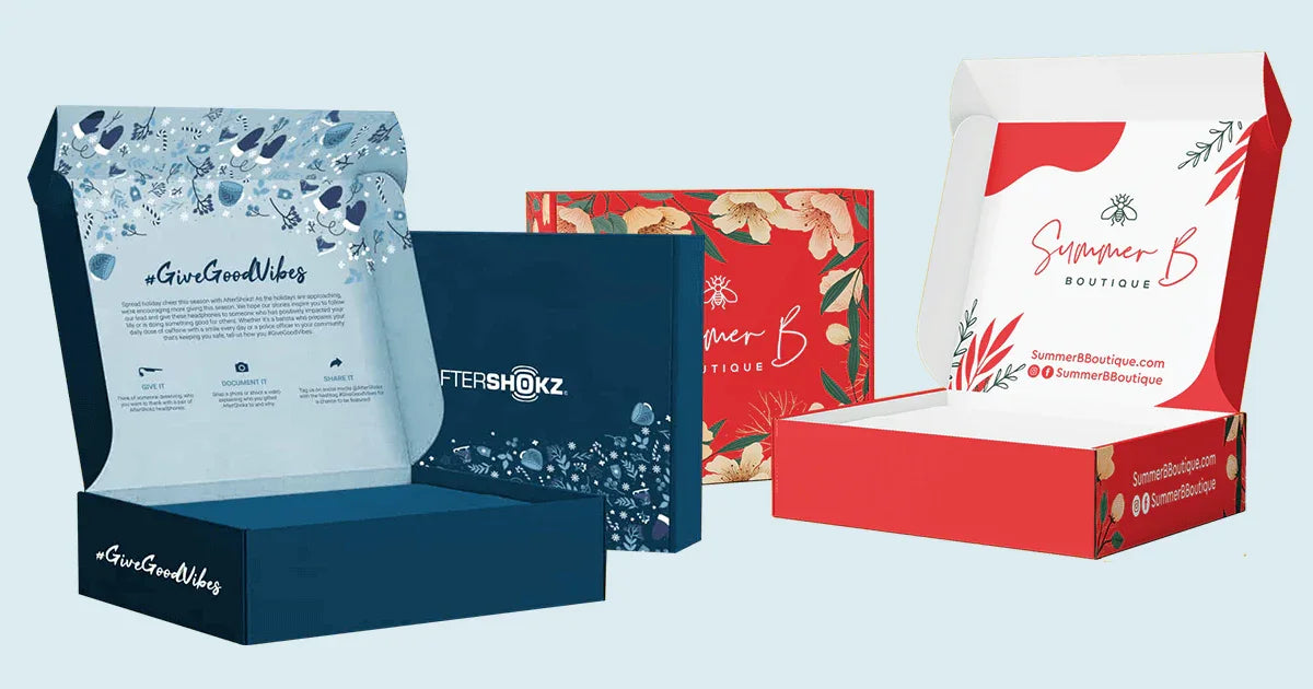Custom Printed Mailer Boxes | Branded Shipping Boxes Wholesale showing vibrant full-color designs with durable die-cut recycled material