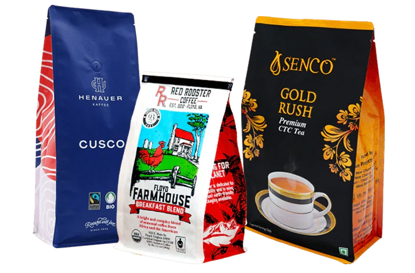 Flat Bottom Pouches Canada displaying colorful custom packaging for coffee blends and premium tea with stable, stylish flat bottoms