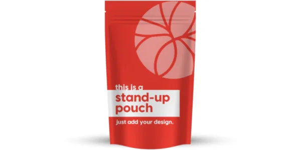 Stand-Up Pouches in red with resealable top and abstract circle design, ready for custom branding and packaging needs