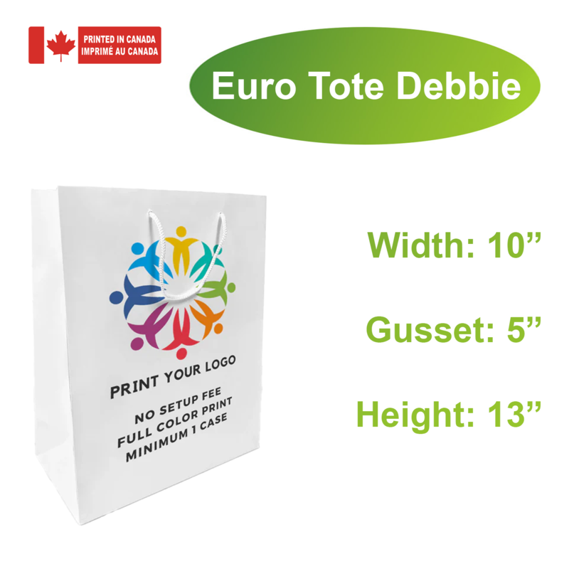 150pcs, Euro totes White Paper Bags 10x5x13 Inches Full Color Custom Printed, Rope Handles, Flat Bottom – Made in Canada