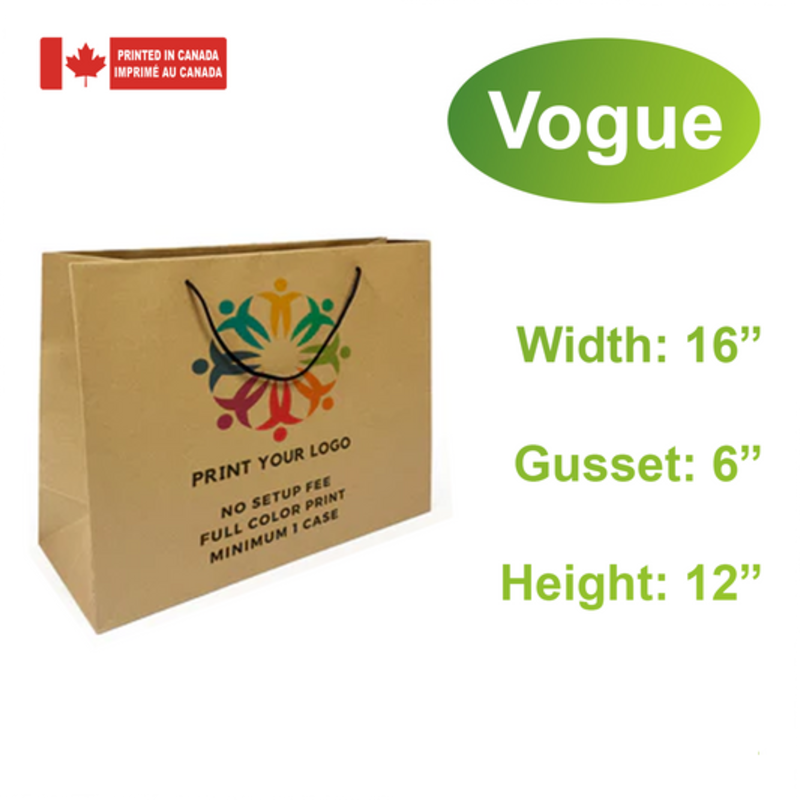 150pcs, Euro totes Kraft Paper Bags 16x6x12 Inches Full Color Custom Printed, Rope Handles, Flat Bottom – Made in Canada
