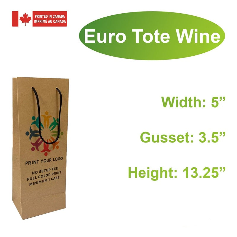 150pcs, Euro totes 5 x3.50x13.25 Inches Full Color Custom Printed Paper Bags, Rope Handles, Flat Bottom – Made in Canada
