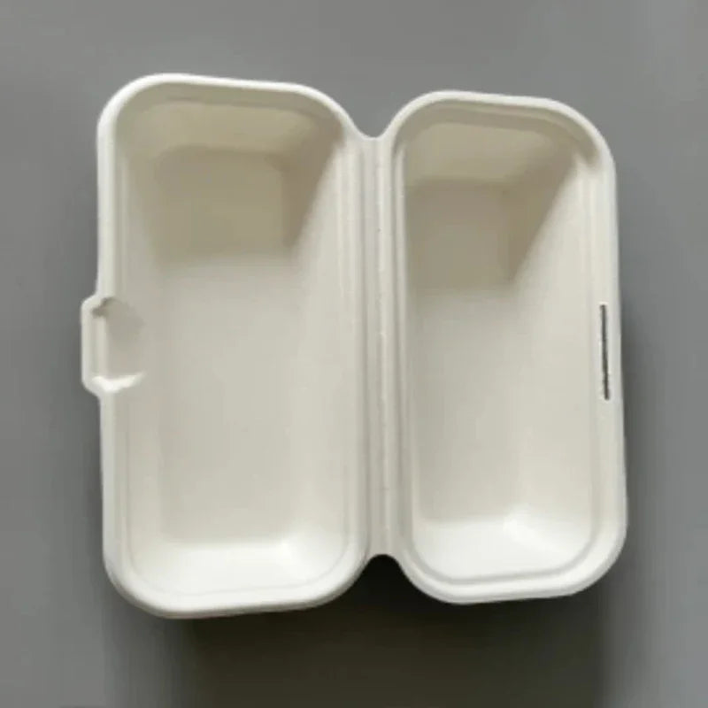 Sugarcane Bagasse Hot Dog Container, 8x4x3 Inches, 400 pcs, eco-friendly white takeout box open view