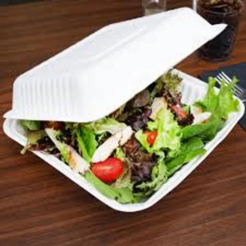 Clamshell Sugarcane Bagasse Container, 8x8x3 Inches, White, 200 pcs with fresh salad inside on wooden table
