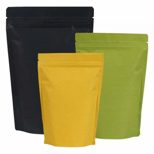 Ziplock & Resealable Pouches in black, olive green, and mustard yellow with flat bottom for versatile packaging options