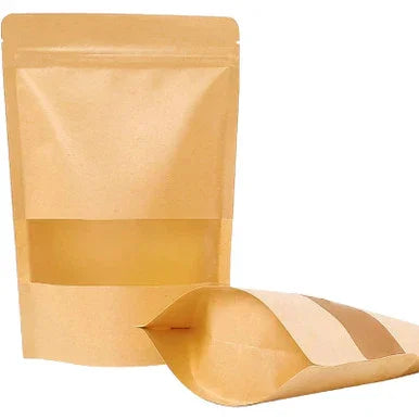 Ziplock & Resealable Pouches in kraft paper with transparent window and flat bottom for food storage packaging in Canada