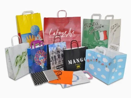 Bulk Ink Printed Paper Shopping Bags – Custom Retail Packaging Canada | Large Run Wholesale MOQ 10,000 Bags with varied colorful printed designs and logos