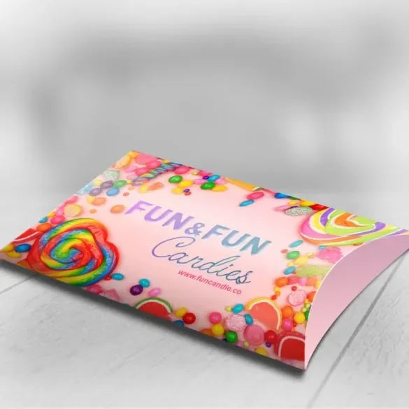 Custom Pillow Boxes | Jewelry, Gifts & Retail Packaging | Printed with Your Logo featuring colorful candy-themed curved pillow box design