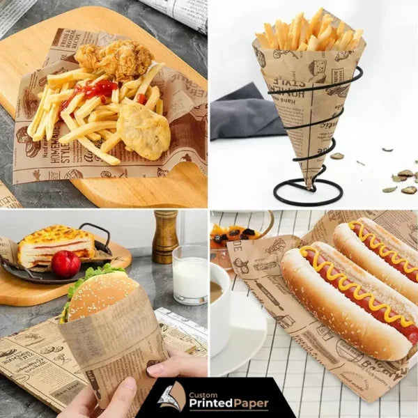 Custom Food Wrapping Paper Printed with Your Logo | Burger, Sandwich & Deli Wraps showing fast food served with printed grease-resistant wraps