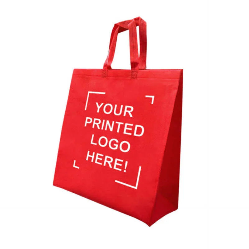 Reusable Non-Woven Grocery Bag with Flat Handles | Custom Printed Logo | 15.5″ x 6″ x 15.5″ in red with flat handles