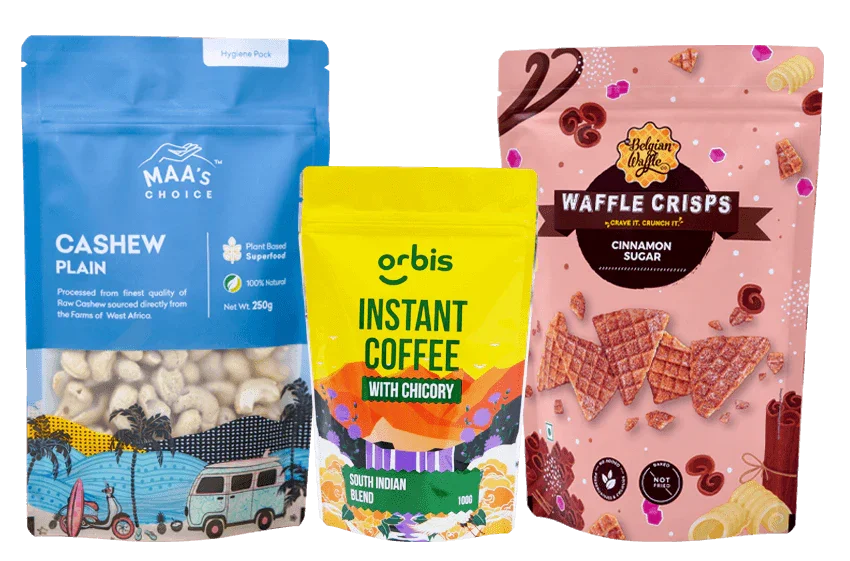 Custom Printed Pouches displaying vibrant, stand-up bags for cashews, instant coffee, and waffle crisps with unique branding designs