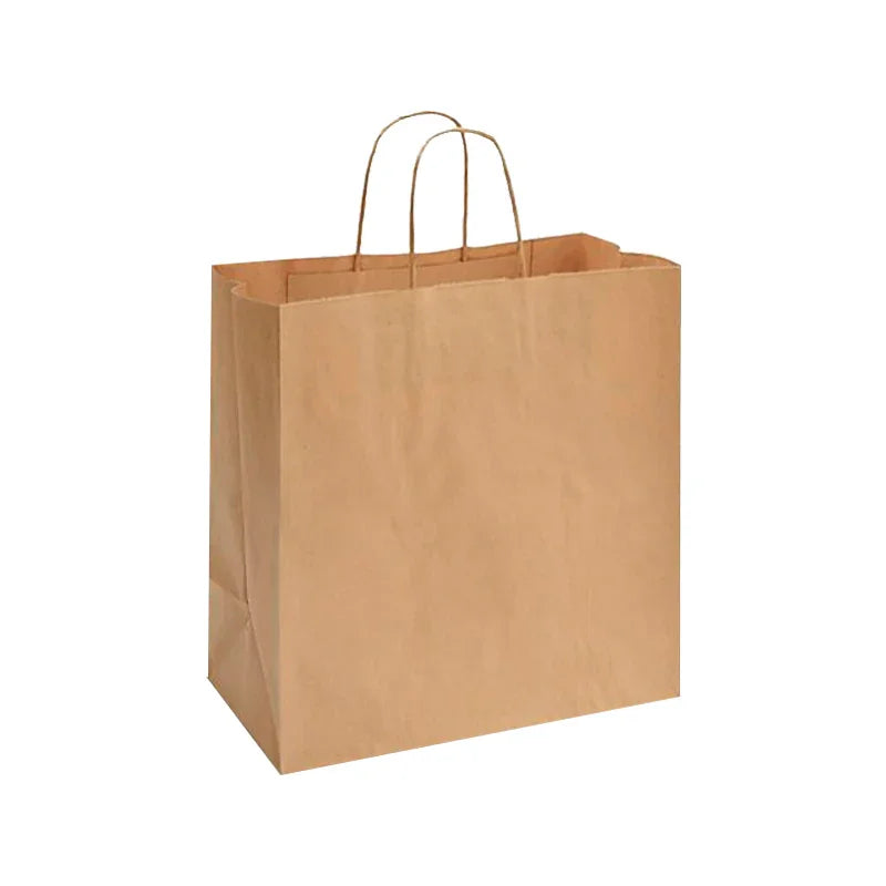 Kraft Paper Bags with handles, 13x7x13 inches, plain recycled kraft paper bag with twisted handles on white background