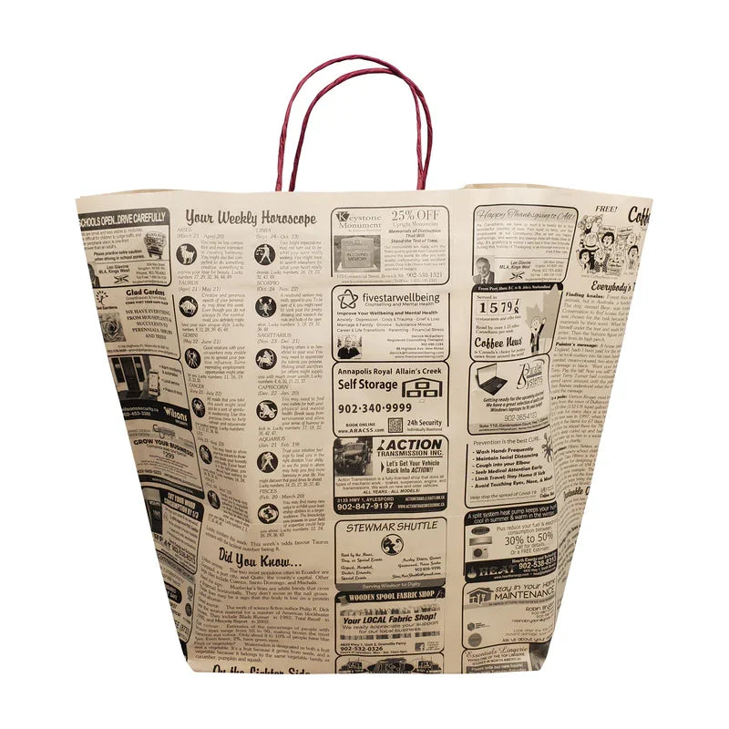 Sample pack - Coffee news paper bags featuring a medium-sized newsprint paper bag with twisted handles and various printed ads