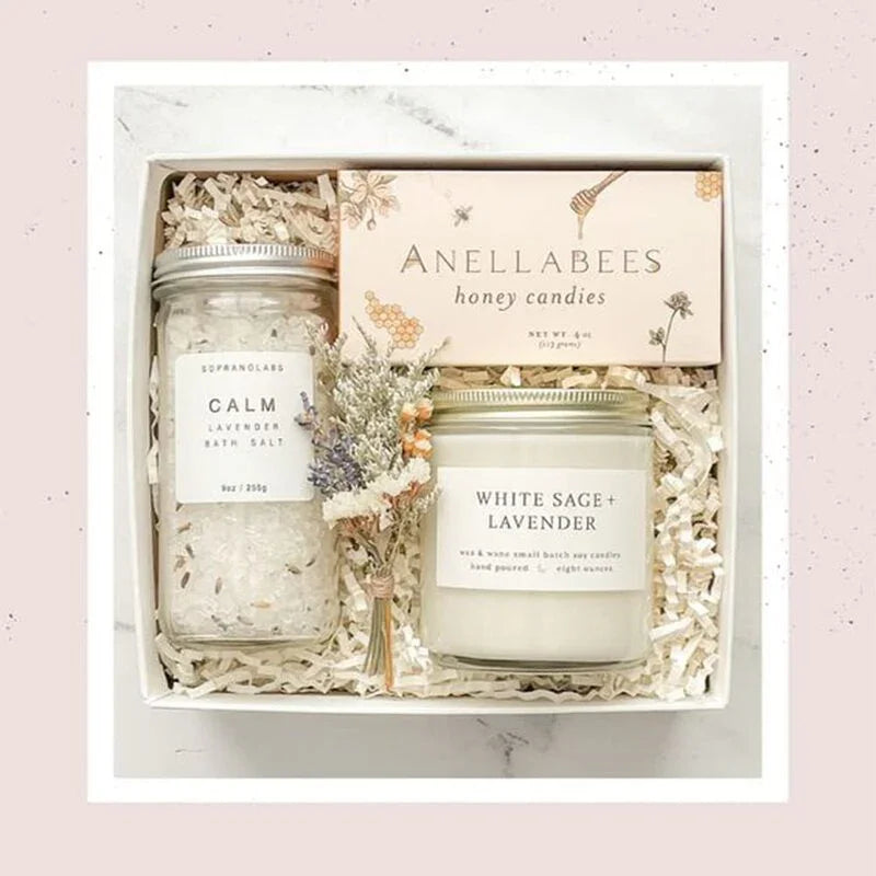 Crinkle paper shreds - Ivory or cream used as bedding in a gift box with bath salts, candle, honey candies, and dried flowers