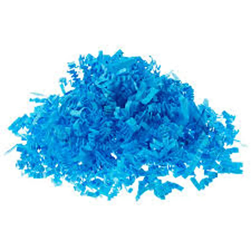 Bright blue shredded paper eco-friendly packaging filler for gift boxes from Greenii Inc.