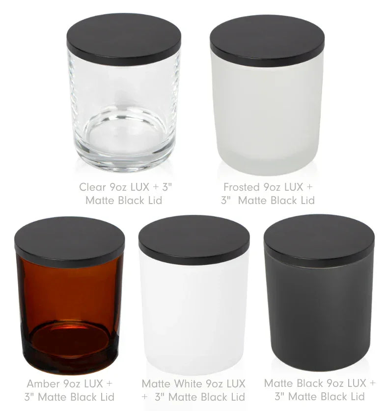 Empty Candle Jars | Wholesale Glass Containers | Eco Friendly Candle Packaging with clear, frosted, amber, white, and black glass jars and black lids