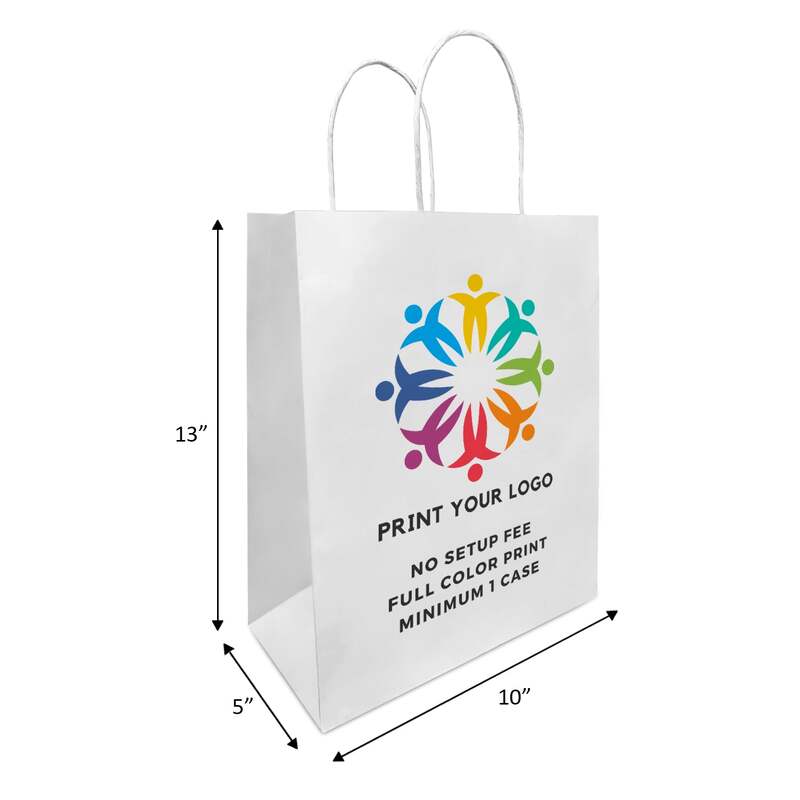 250pcs, Custom Printed White Paper Bags 10x5x13 Inches, Twist Handles, Flat Bottom – Made in Canada