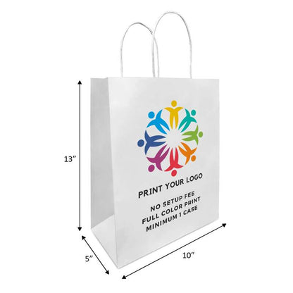 250pcs, Custom Printed White Paper Bags 10x5x13 Inches, Twist Handles, Flat Bottom – Made in Canada