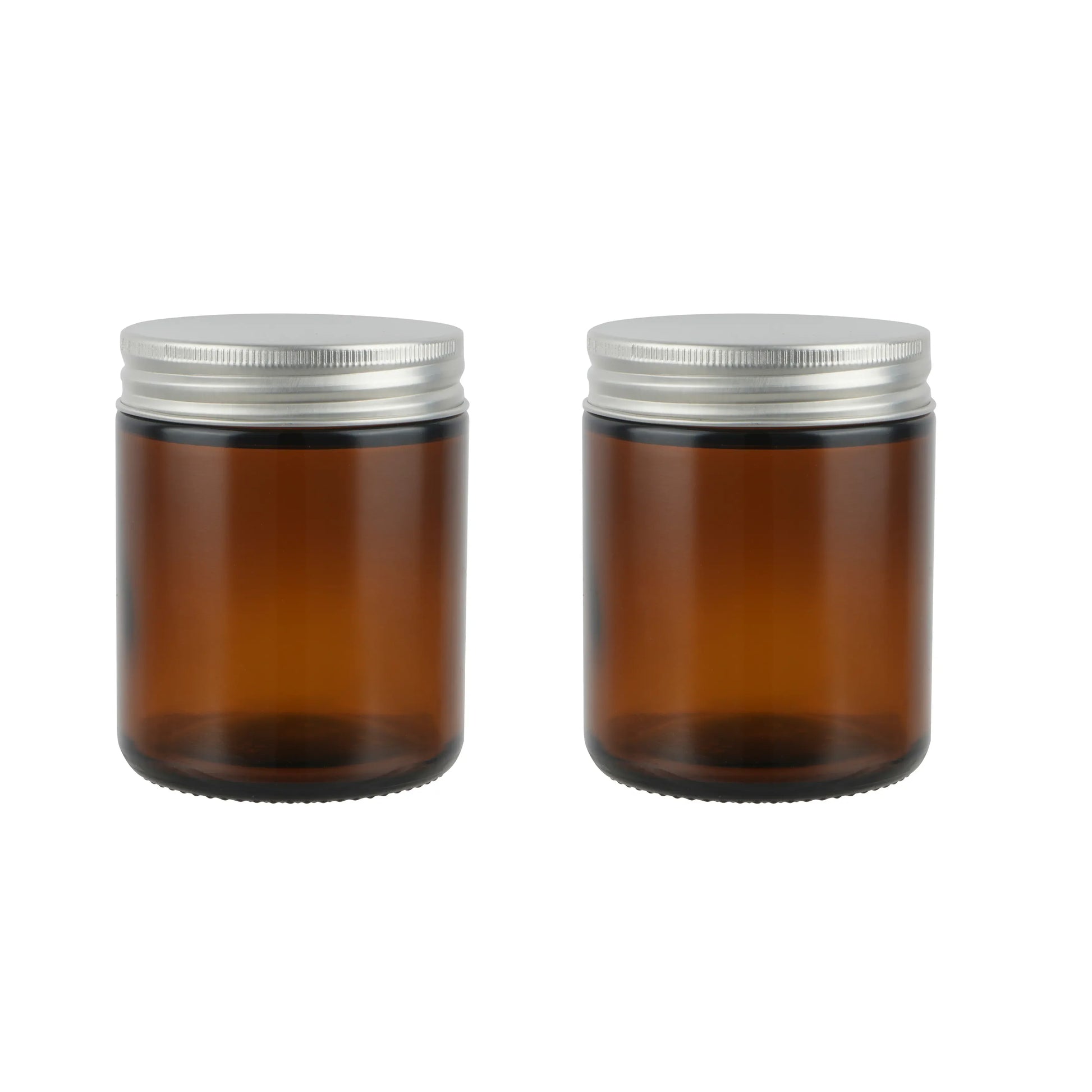 Empty Candle Jars | Wholesale Glass Containers | Eco Friendly Candle Packaging with amber glass and silver metal lids side by side