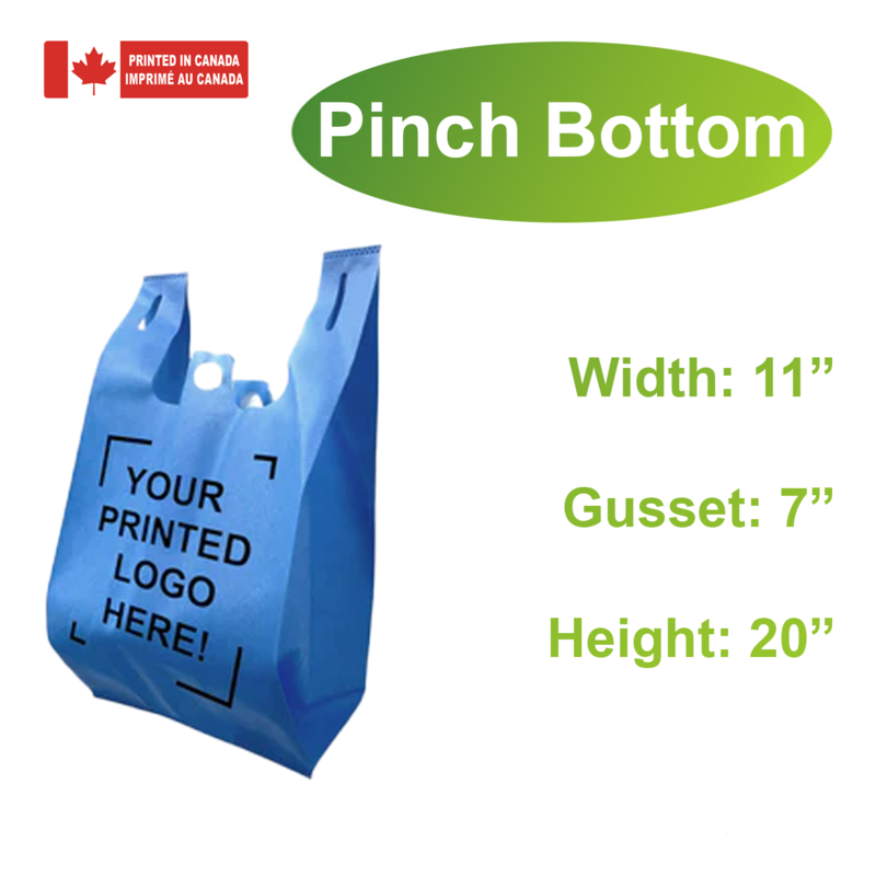 200pcs Non-Woven Reusable Shopping Bags – 11x7x20 Inches, Pinch Bottom, 1-Color Print, Made in Canada