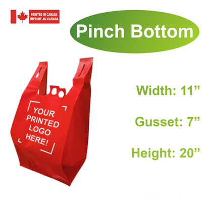 200pcs Non-Woven Reusable Shopping Bags – 11x7x20 Inches, Pinch Bottom, 1-Color Print, Made in Canada