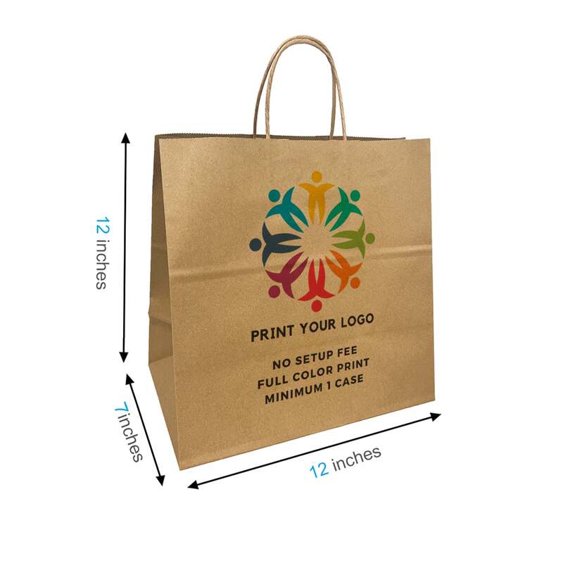 250pcs, Custom Printed Kraft Paper Bags 12x7x12 Inches, Twist Handles, Flat Bottom – Made in Canada