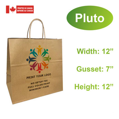 250pcs, Custom Printed Kraft Paper Bags 12x7x12 Inches, Twist Handles, Flat Bottom – Made in Canada