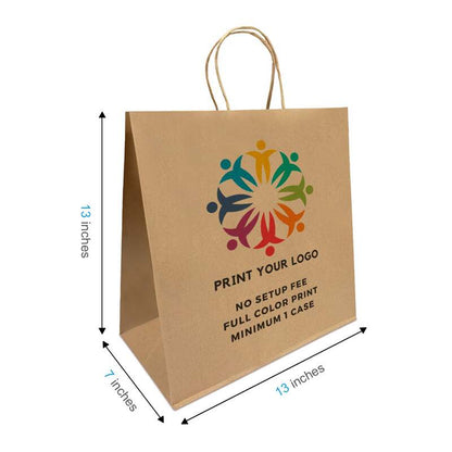 250pcs, Custom Printed Kraft Paper Bags 13 * 7 * 13 Inches, Twist Handles, Flat Bottom – Printed in Canada