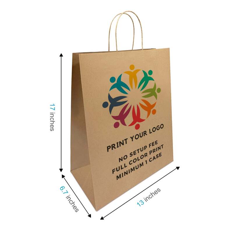 250pcs, Custom Printed Kraft Paper Bags 13 * 7 * 17 Inches, Twist Handles, Flat Bottom – Made in Canada