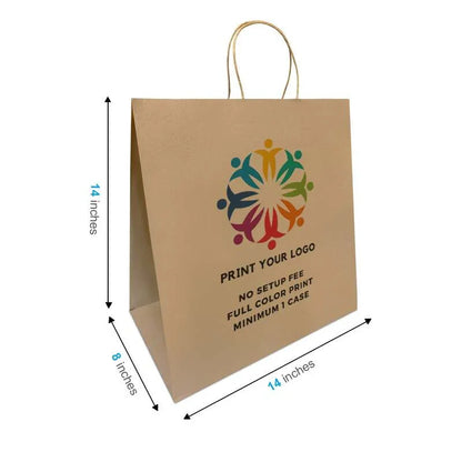 Logo printing for 14x8x14 Inches Kraft Paper Bags with twist handles and full color print, no setup or plate fee