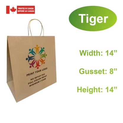 Logo printing for 14x8x14 Inches Kraft Paper Bags with full color logo, no setup or plate fee, printed in Canada