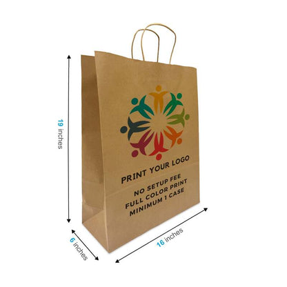 200pcs, Custom Printed Kraft Paper Bags 16 * 6 * 19 Inches, Twist Handles, Flat Bottom – Printed in Canada