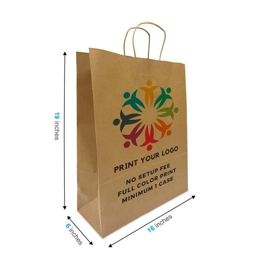 200pcs, Custom Printed Kraft Paper Bags 16 * 6 * 19 Inches, Twist Handles, Flat Bottom – Printed in Canada