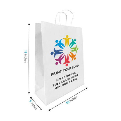 200pcs, Custom Printed White Paper Bags 16 * 6 * 19 Inches, Twist Handles, Flat Bottom – Printed in Canada