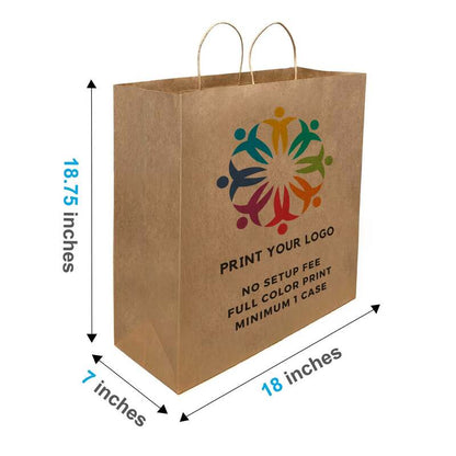 200pcs, Custom Printed Kraft Paper Bags 18 * 7 * 19 Inches, Twist Handles, Flat Bottom – Printed in Canada
