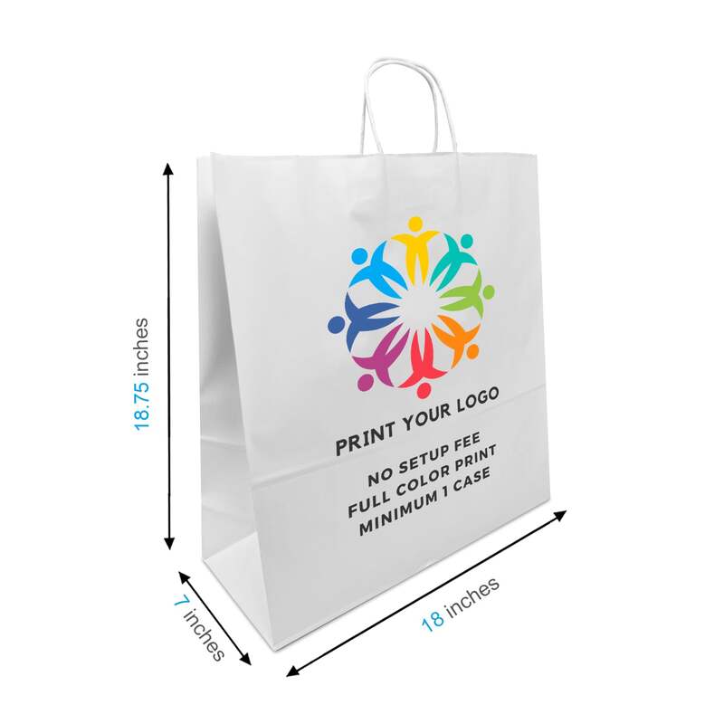 200pcs, Custom Printed White Paper Bags 18 * 7 * 19 Inches, Twist Handles, Flat Bottom – Printed in Canada