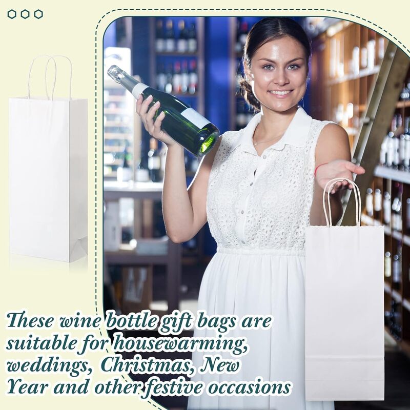 Wine Bags - White Paper Bags with handles, 5x3x12 inches