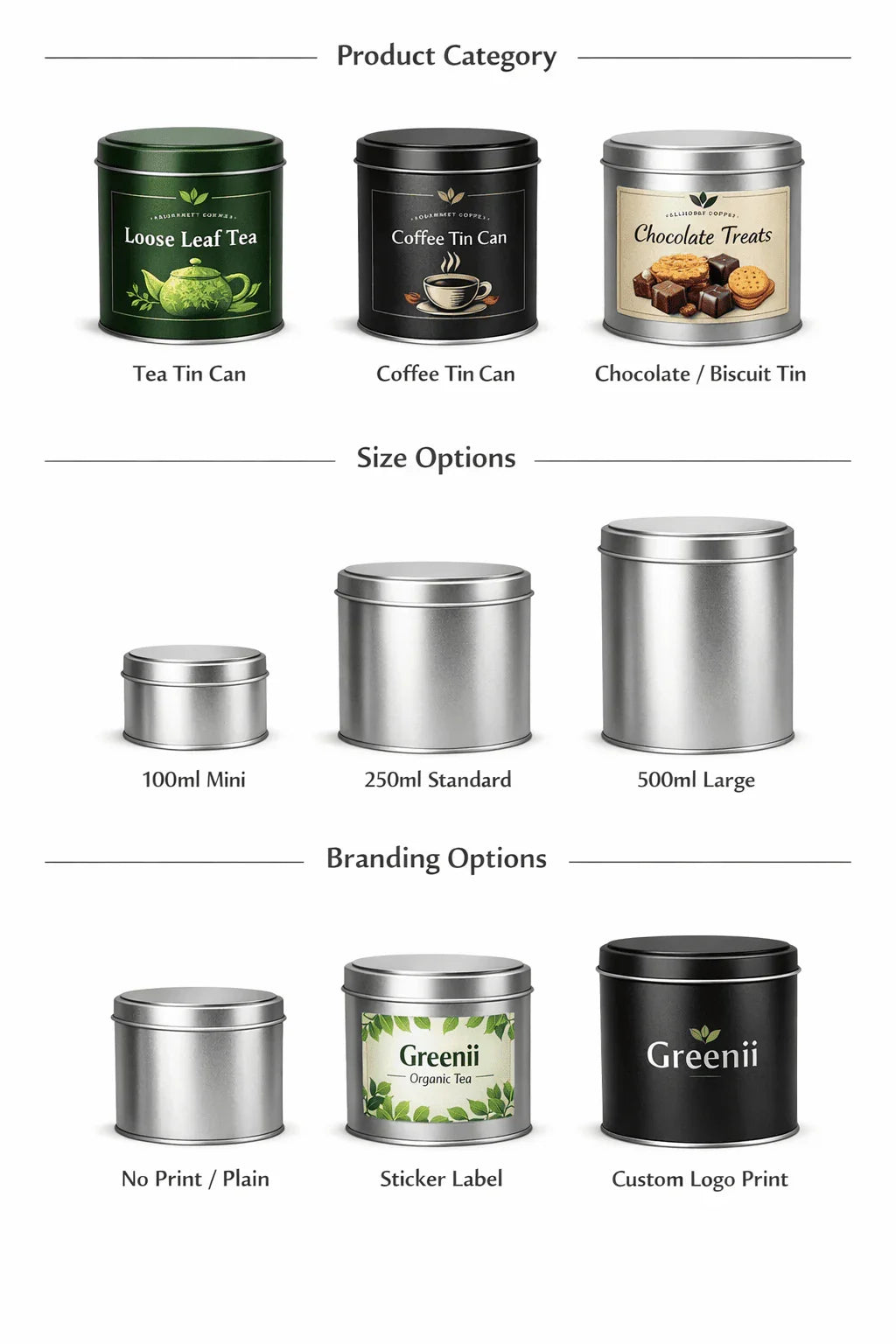 Greenii Premium Tea Coffee Chocolate Biscuit Tin Cans| Food Grade | Gift Ready | Wholesale & Custom Branding