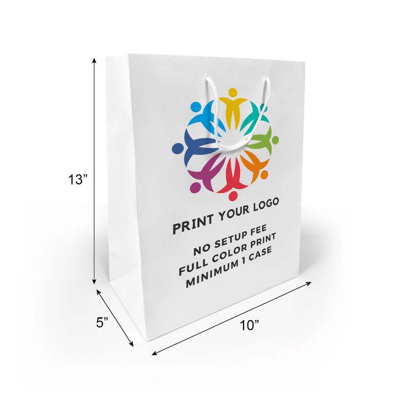 150pcs, Euro totes White Paper Bags 10x5x13 Inches Full Color Custom Printed, Rope Handles, Flat Bottom – Made in Canada