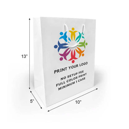 150pcs, Euro totes White Paper Bags 10x5x13 Inches Full Color Custom Printed, Rope Handles, Flat Bottom – Made in Canada
