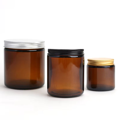 Empty Candle Jars | Wholesale Glass Containers | Eco Friendly Candle Packaging with varied amber glass jars and metal lids