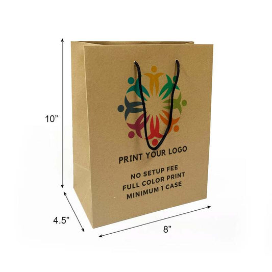 150pcs, Euro totes Kraft Paper Bags 8.5x4.75x10.25 Inches Full Color Custom Printed, Rope Handles, Flat Bottom – Made in Canada